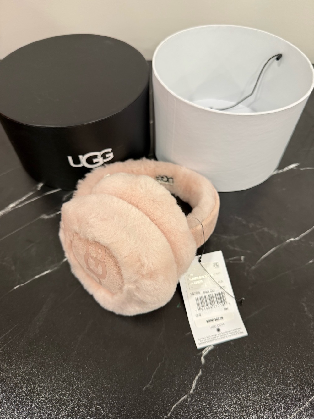 NWT UGG Pink Faux Fur Logo Women’s Earmuffs Muff Solid One size gift box